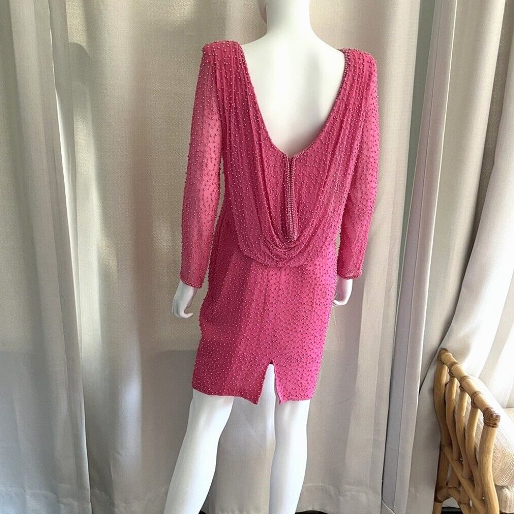 AJ Bari Vintage Silk Beaded Sheer Sleeve Draped Back Mini Cocktail Dress